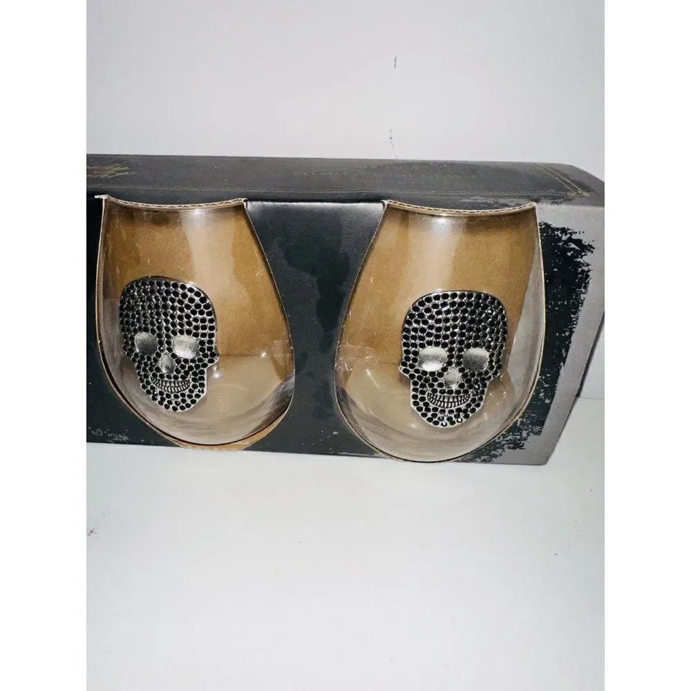 BX1 Spooky Night Halloween Black Rhinestone Skull Stemless Wine Glass Set Gothic